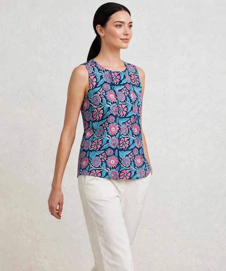 Blue floral hand block printed cotton sleevless top