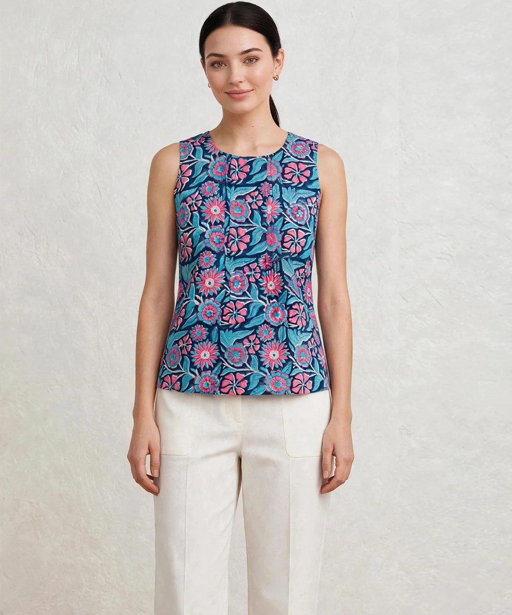 Blue floral hand block printed cotton sleevless top