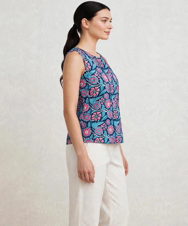 Blue floral hand block printed cotton sleevless top