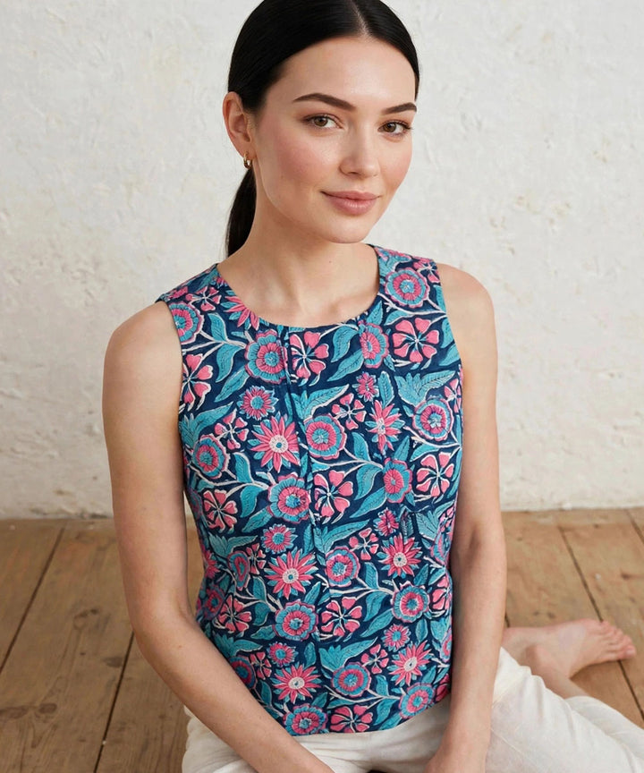 Blue floral hand block printed cotton sleevless top