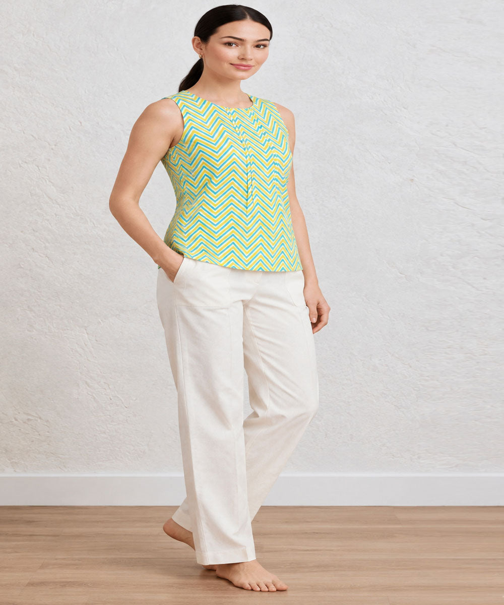 Yellow green hand block printed pure cotton top