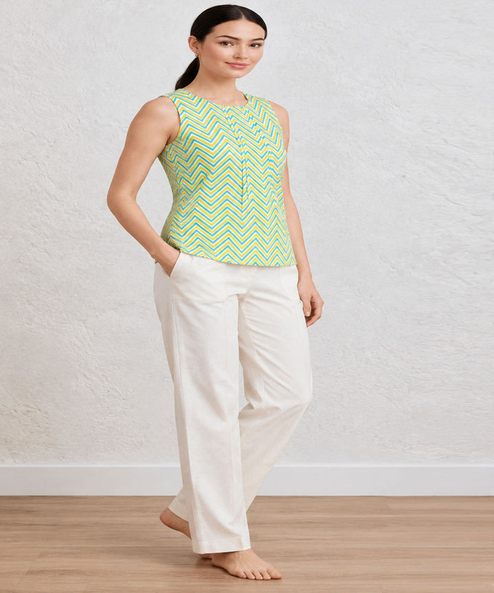 Yellow green hand block printed pure cotton top