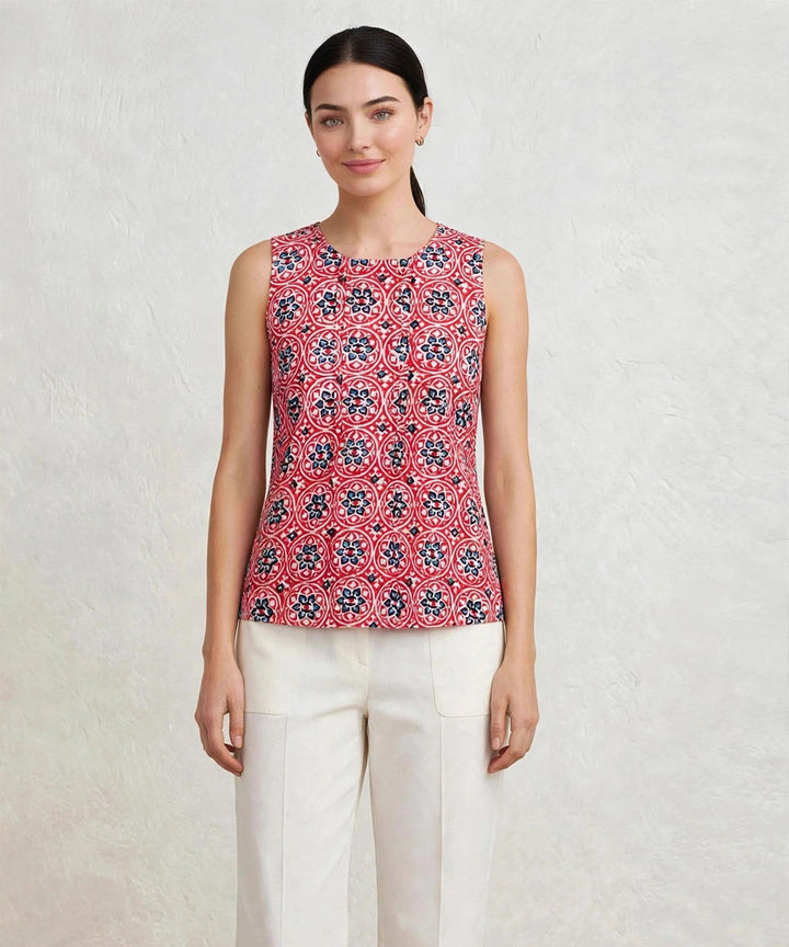 Red blue hand block printed cotton sleevless top