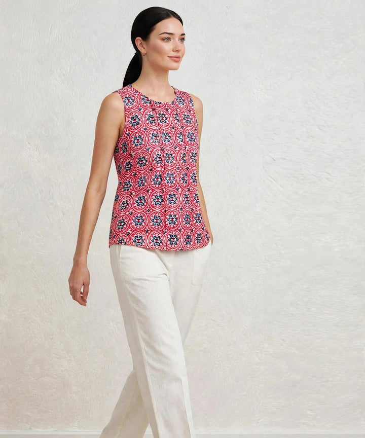 Red blue hand block printed cotton sleevless top