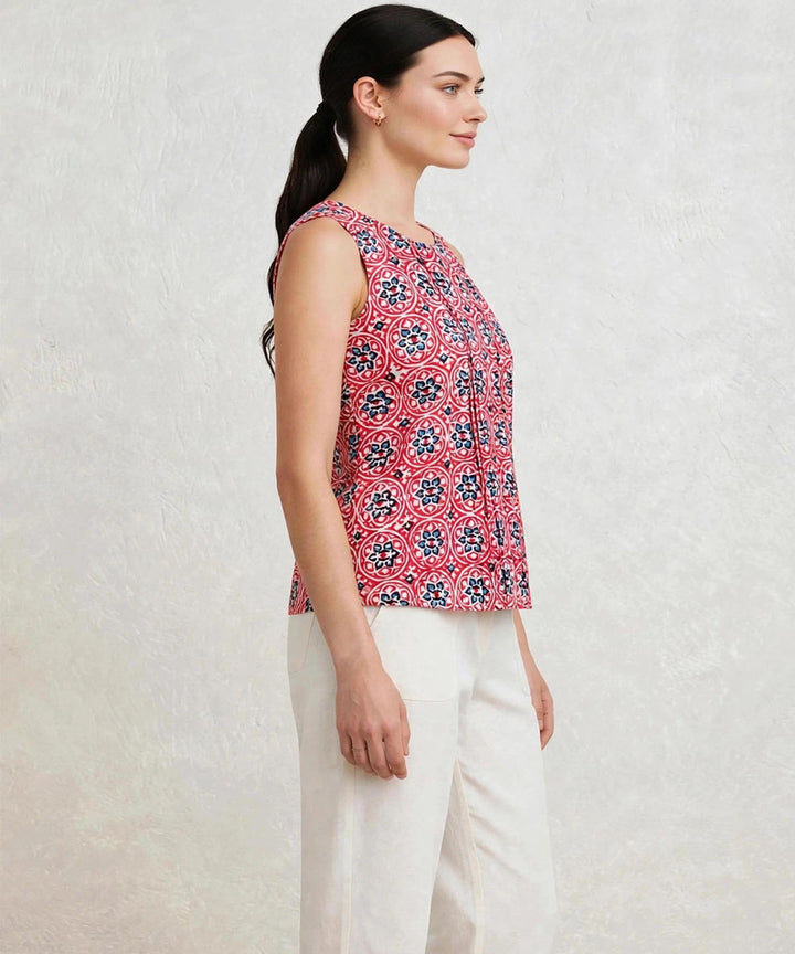 Red blue hand block printed cotton sleevless top