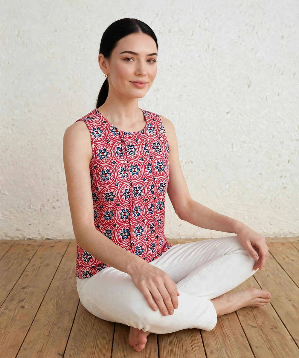 Red blue hand block printed cotton sleevless top