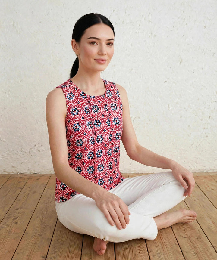 Red blue hand block printed cotton sleevless top