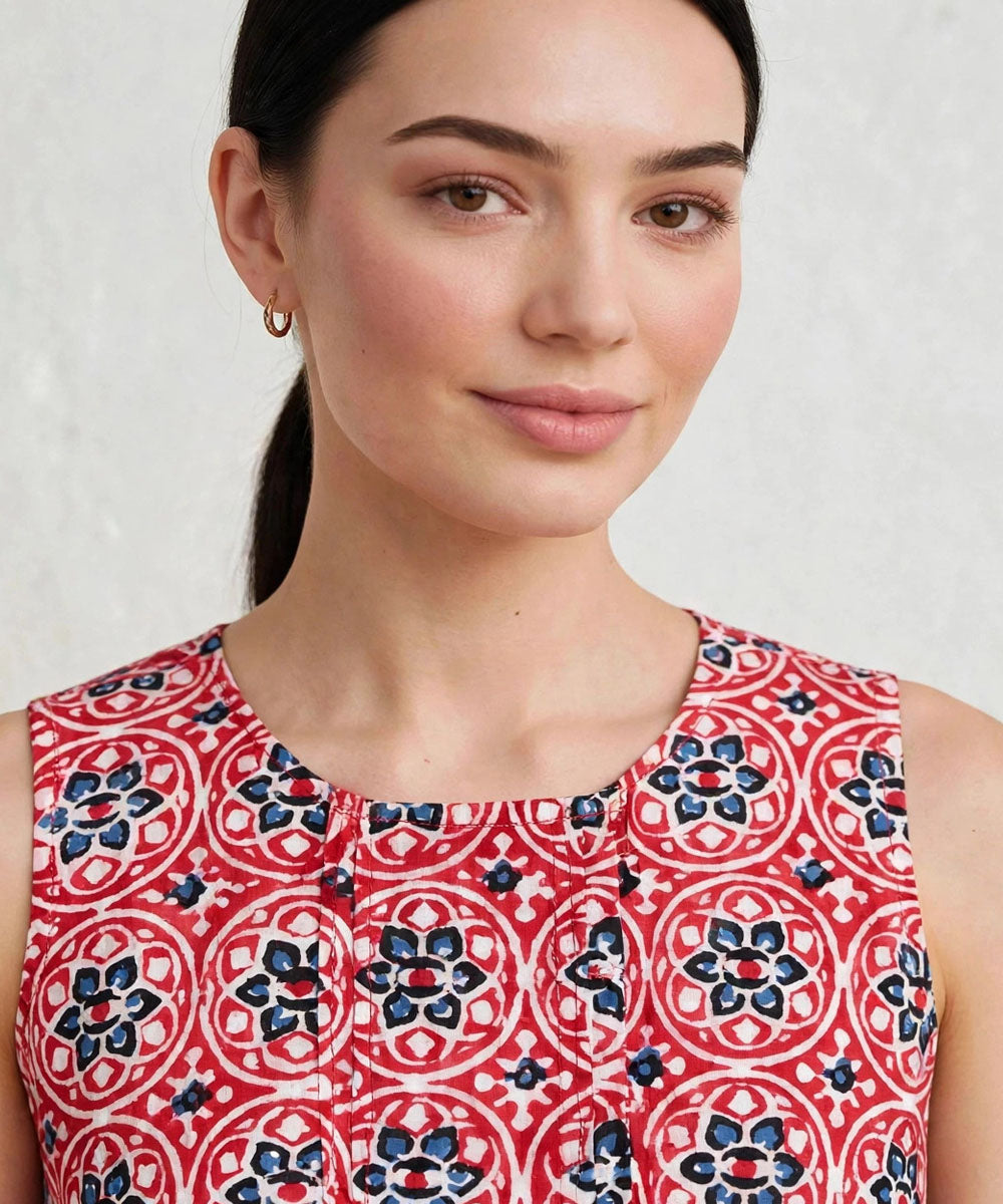 Red blue hand block printed cotton sleevless top