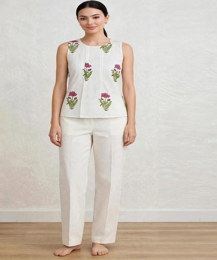 Pink white hand block printed cotton sleevless top