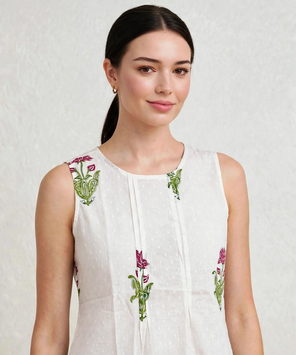 Pink white hand block printed cotton sleevless top