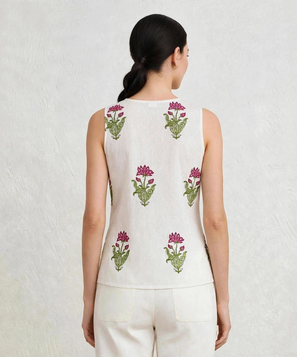 Pink white hand block printed cotton sleevless top