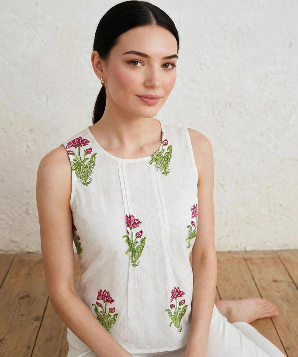 Pink white hand block printed cotton sleevless top