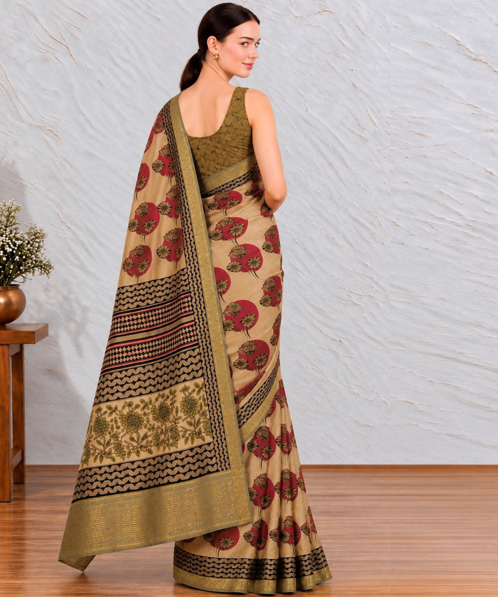 Beige red green  hand printed bagru print silk saree