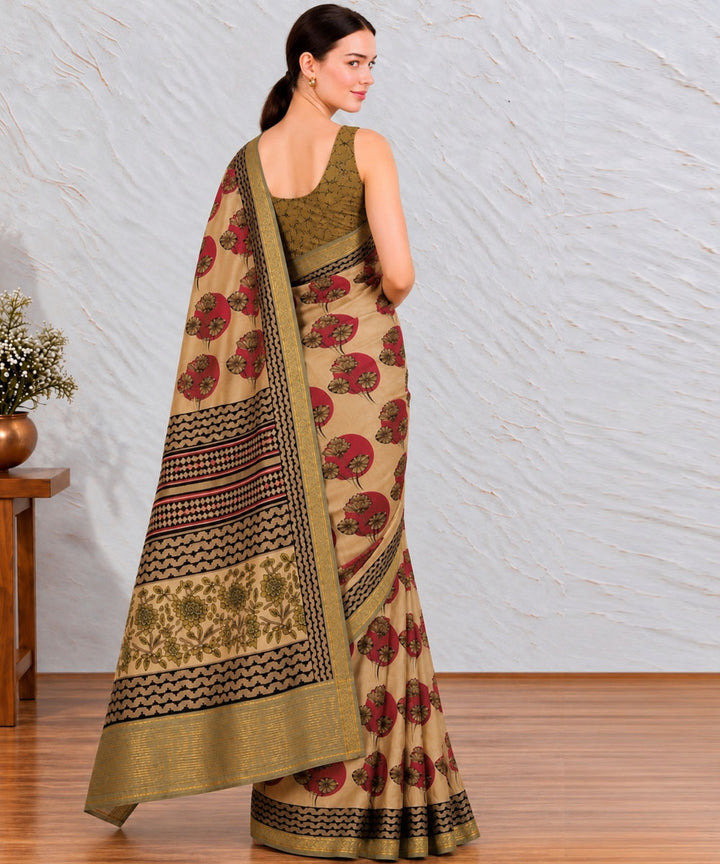 Beige red green  hand printed bagru print silk saree