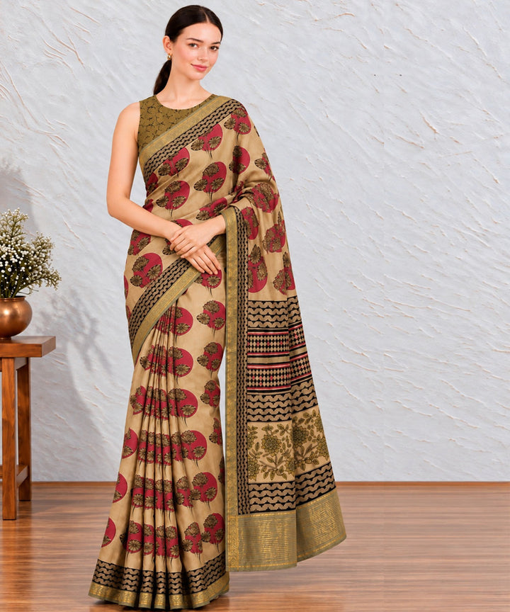 Beige red green  hand printed bagru print silk saree
