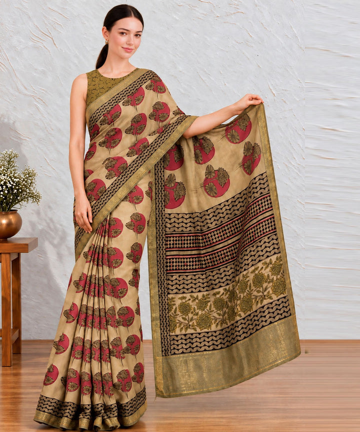 Beige red green  hand printed bagru print silk saree