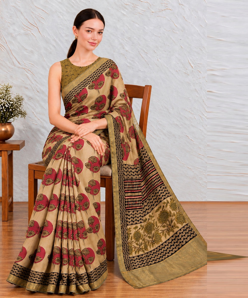 Beige red green  hand printed bagru print silk saree