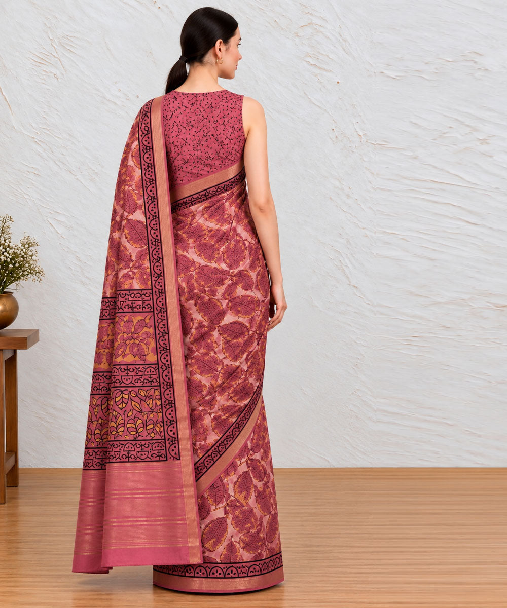 Pink magenta hand printed bagru print silk saree