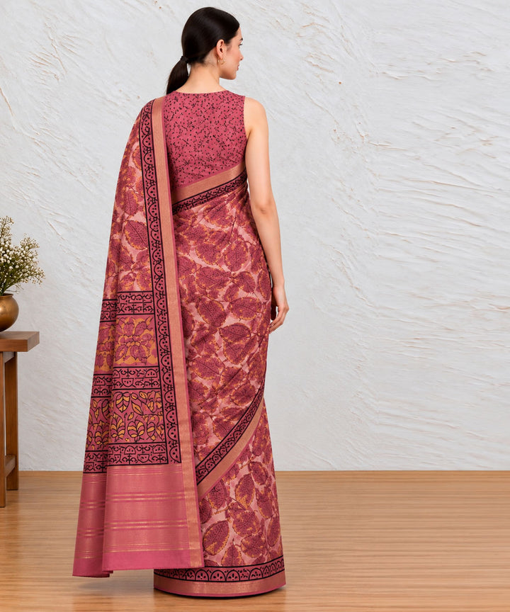 Pink magenta hand printed bagru print silk saree