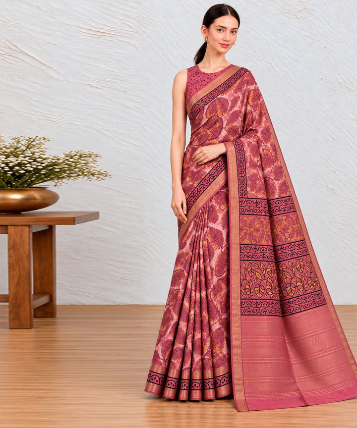 Pink magenta hand printed bagru print silk saree