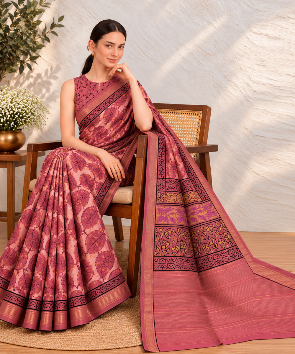 Pink magenta hand printed bagru print silk saree