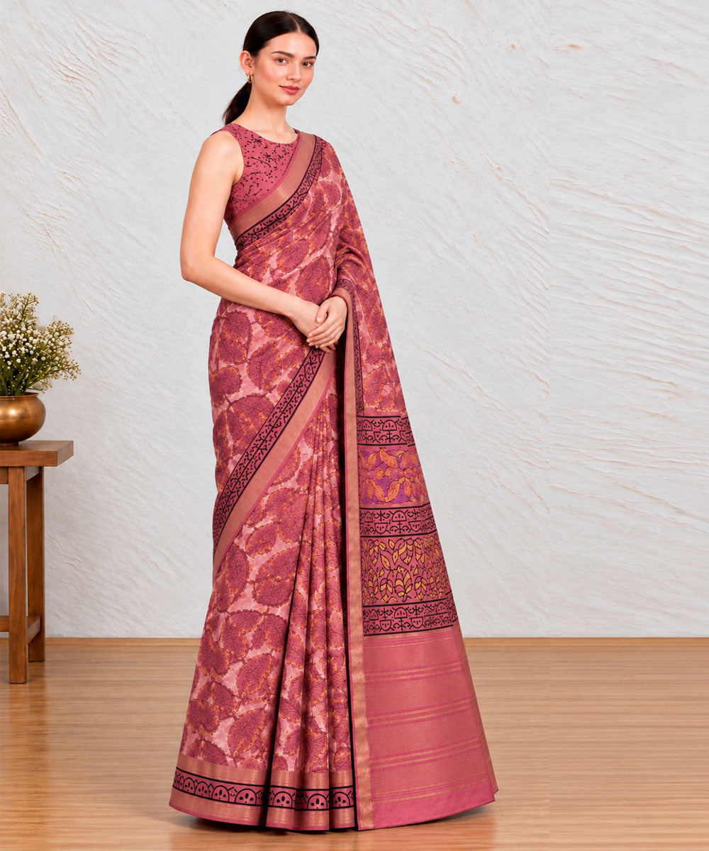 Pink magenta hand printed bagru print silk saree