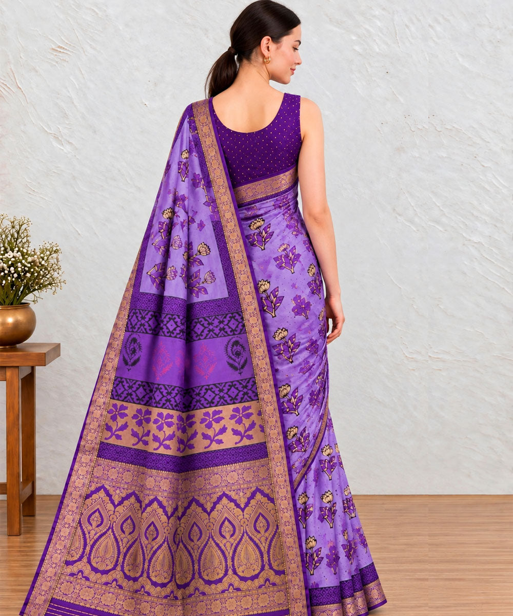Lavender golden hand printed bagru print silk saree