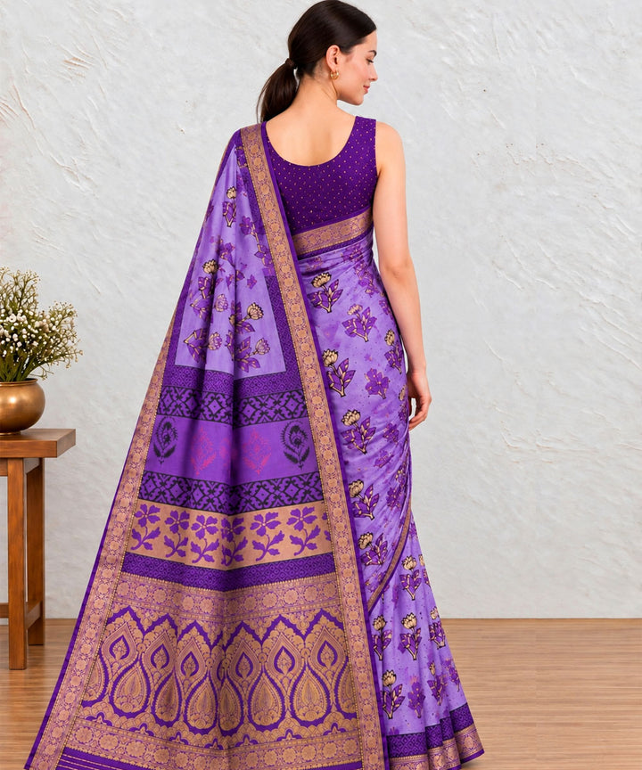 Lavender golden hand printed bagru print silk saree