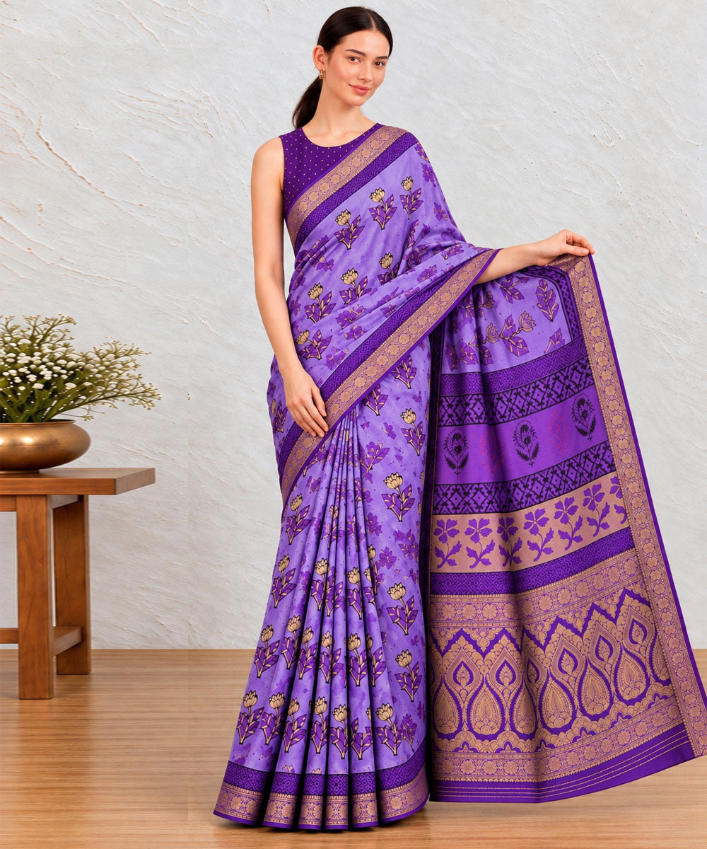 Lavender golden hand printed bagru print silk saree