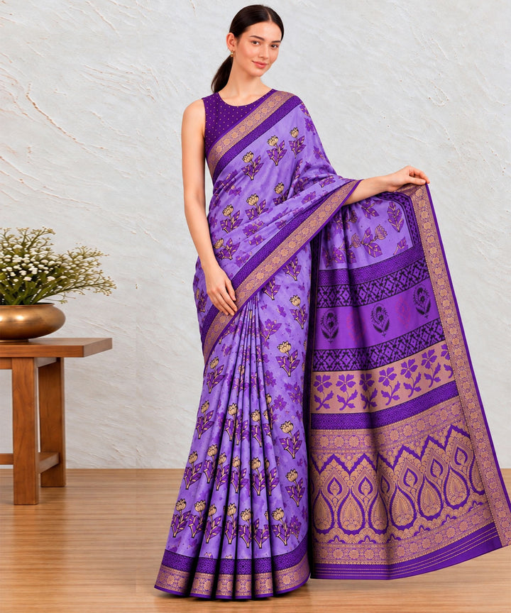Lavender golden hand printed bagru print silk saree