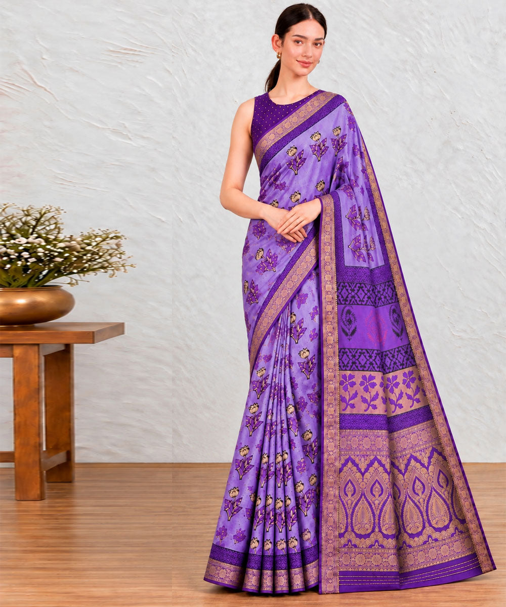 Lavender golden hand printed bagru print silk saree