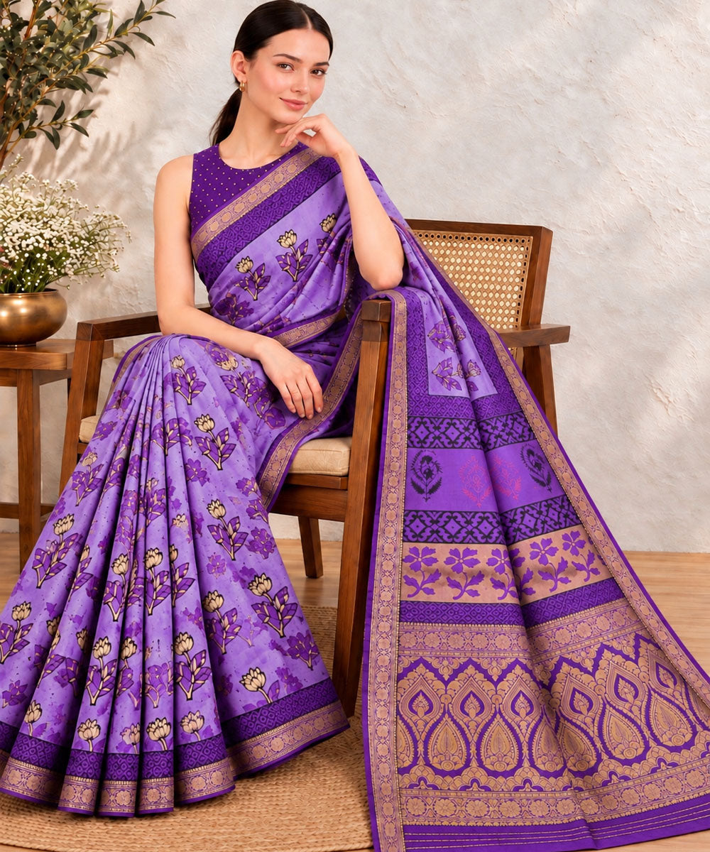 Lavender golden hand printed bagru print silk saree