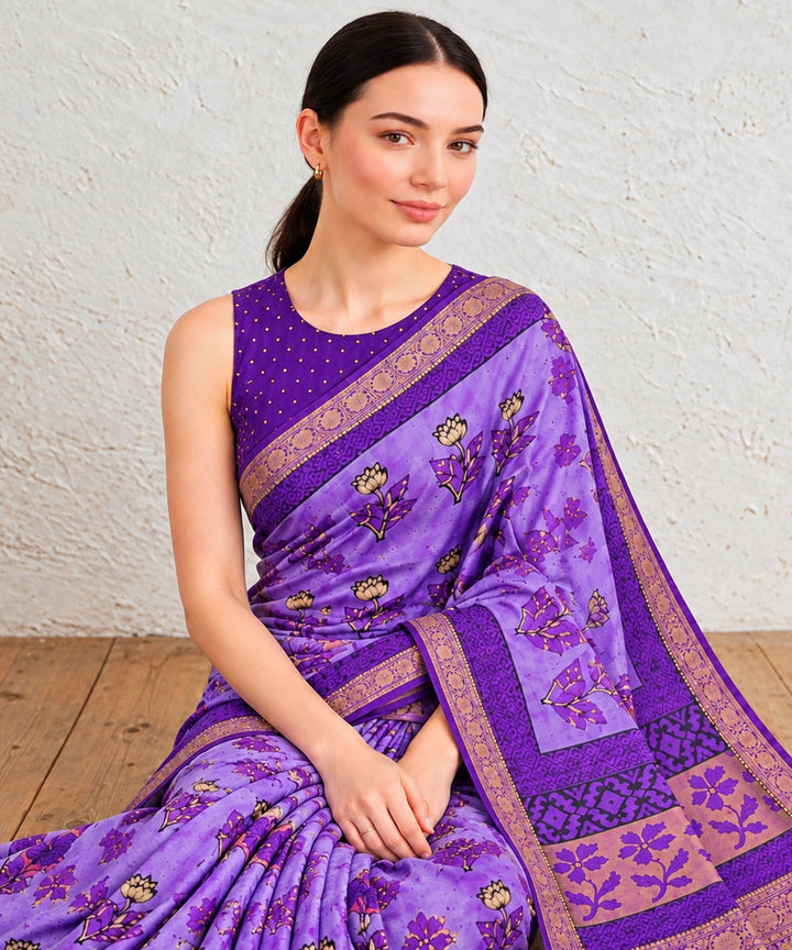 Lavender golden hand printed bagru print silk saree