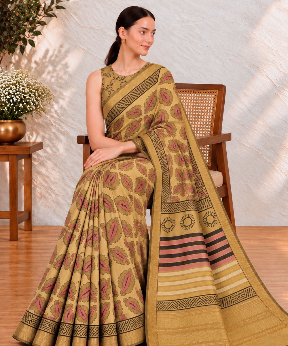 Light green golden hand printed bagru print silk saree