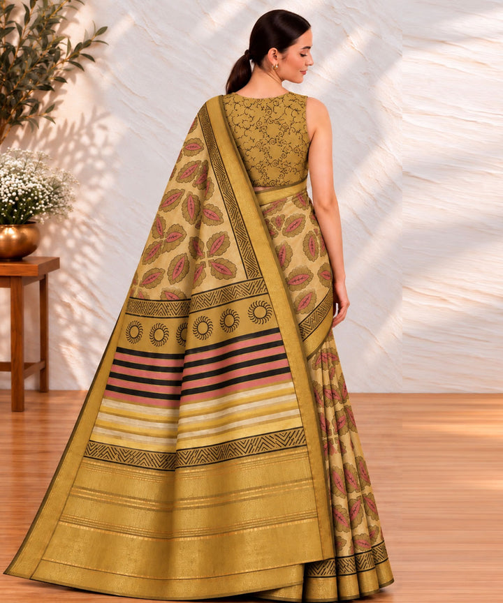 Light green golden hand printed bagru print silk saree