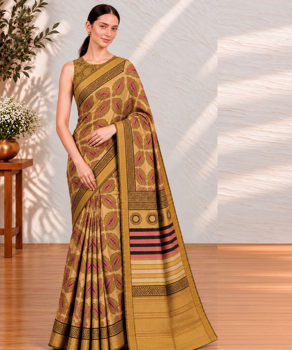 Light green golden hand printed bagru print silk saree