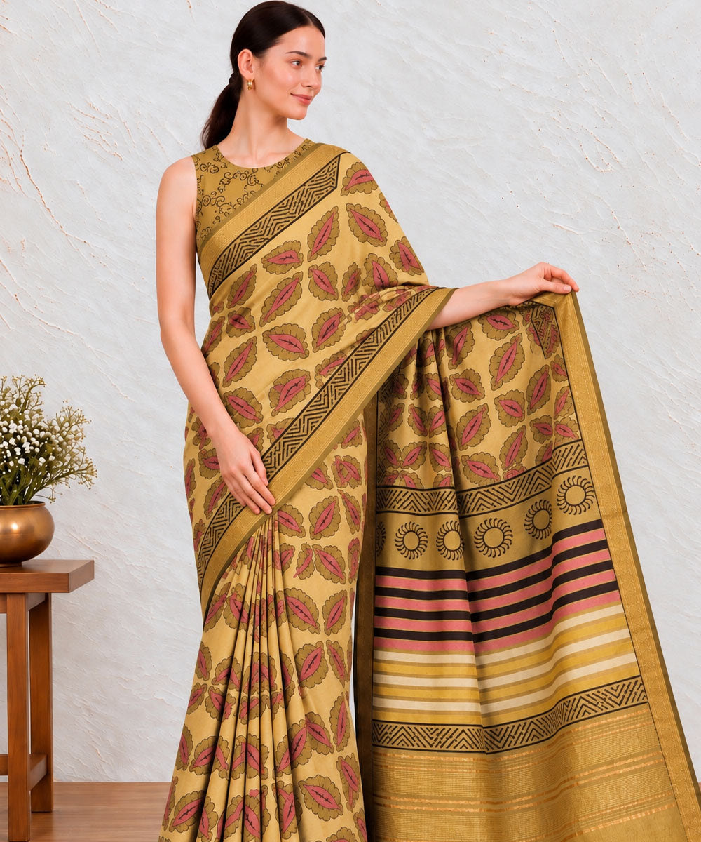 Light green golden hand printed bagru print silk saree