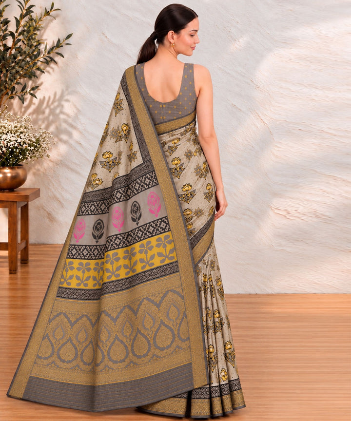 Grey golden hand printed bagru print silk saree