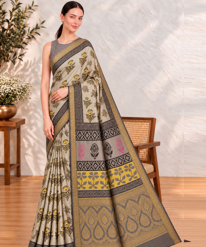 Grey golden hand printed bagru print silk saree