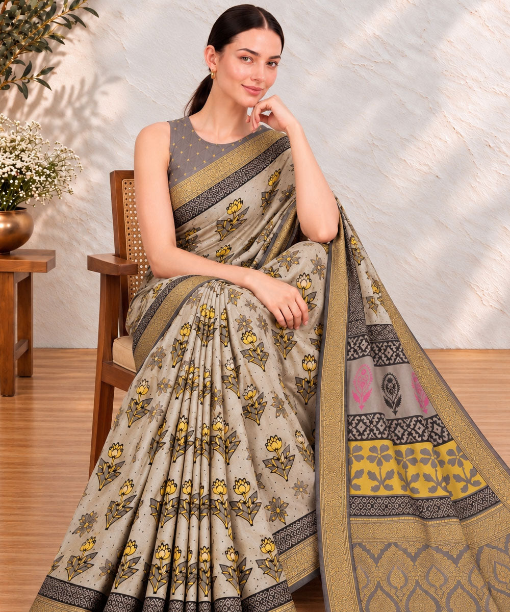 Grey golden hand printed bagru print silk saree