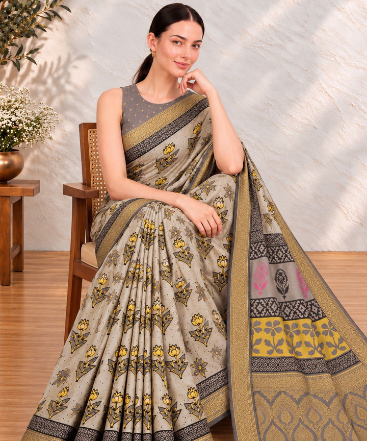 Grey golden hand printed bagru print silk saree