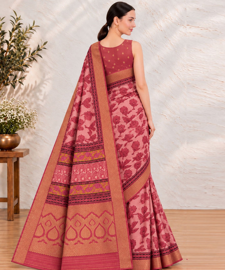 Pink golden hand printed bagru print silk saree