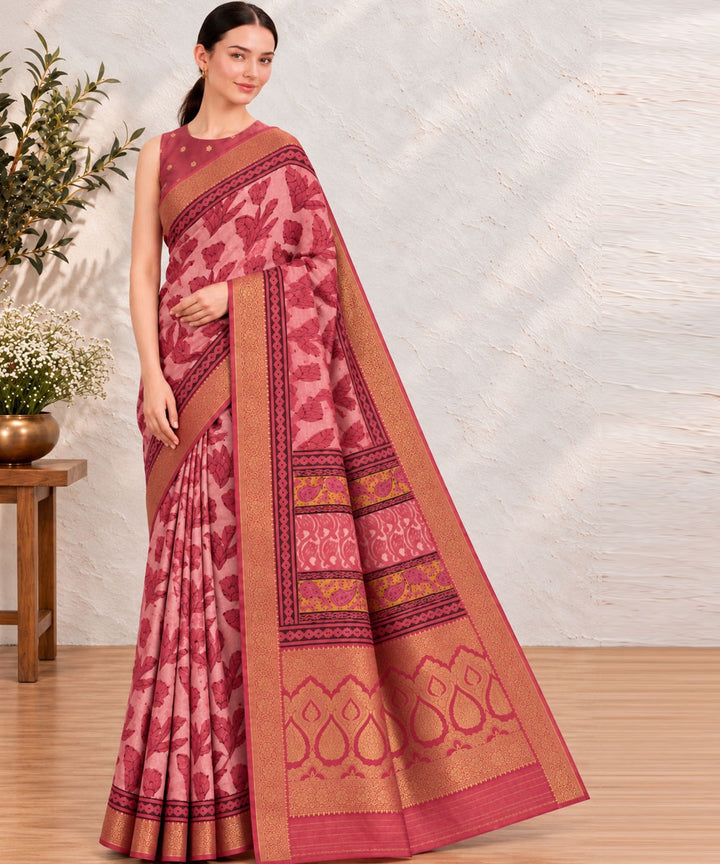 Pink golden hand printed bagru print silk saree