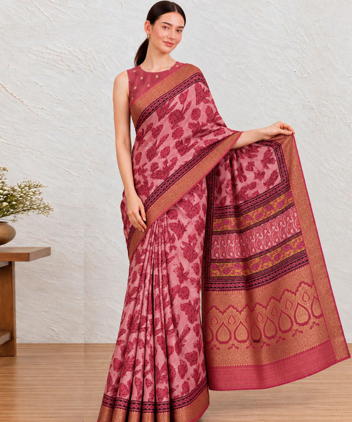 Pink golden hand printed bagru print silk saree