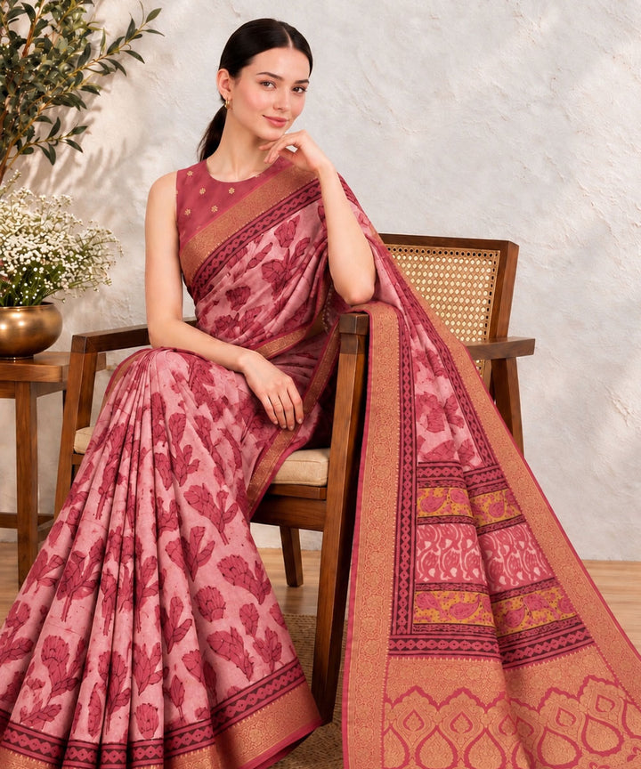 Pink golden hand printed bagru print silk saree