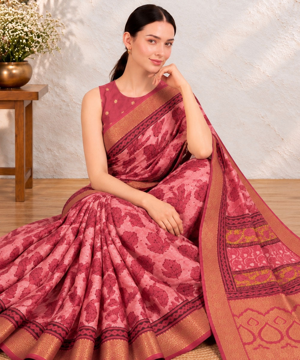 Pink golden hand printed bagru print silk saree
