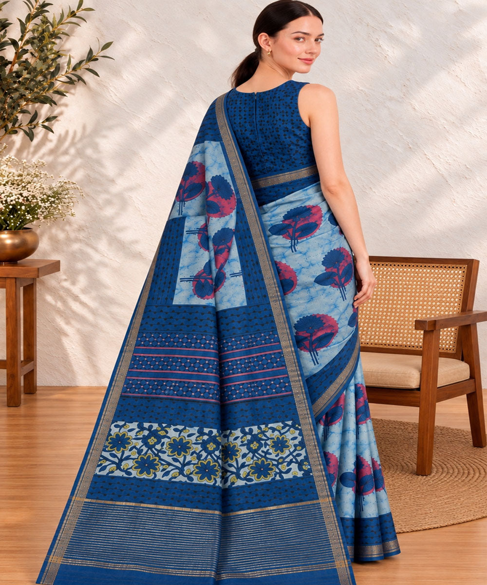 Sky blue navy blue hand printed bagru print silk saree