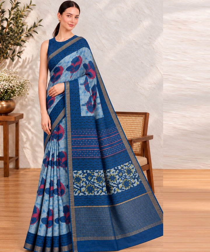 Sky blue navy blue hand printed bagru print silk saree
