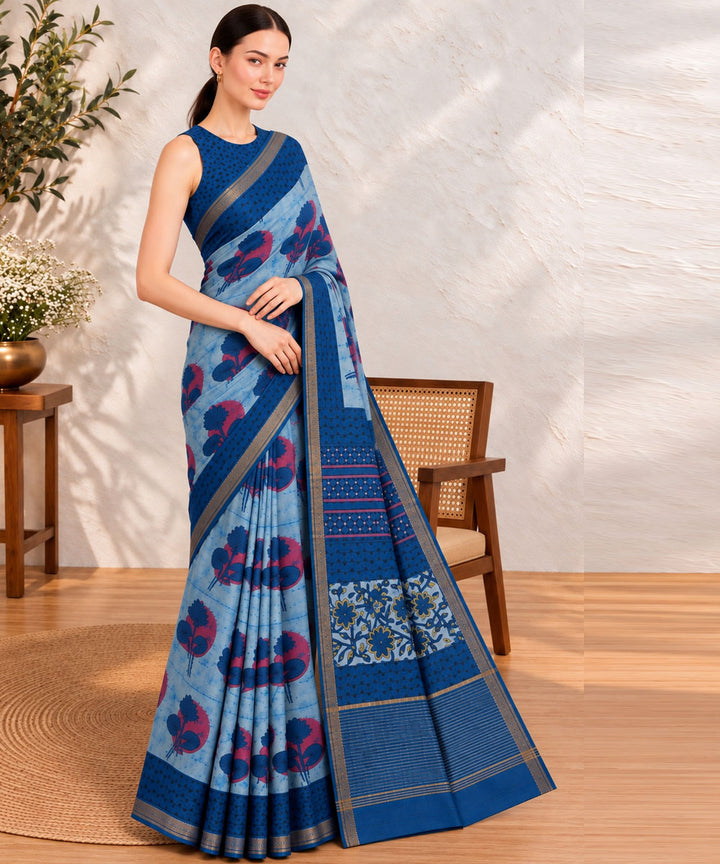 Sky blue navy blue hand printed bagru print silk saree