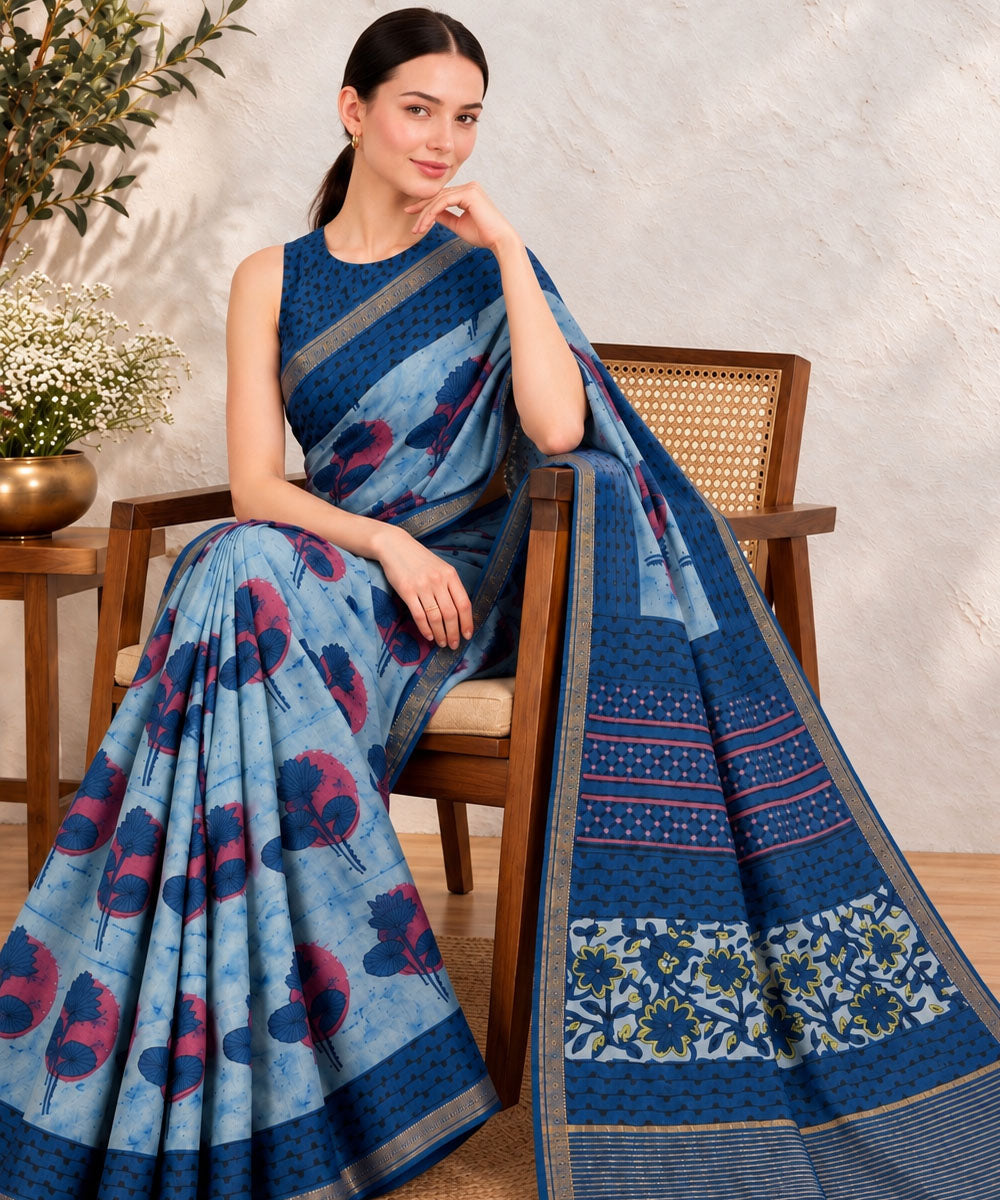 Sky blue navy blue hand printed bagru print silk saree